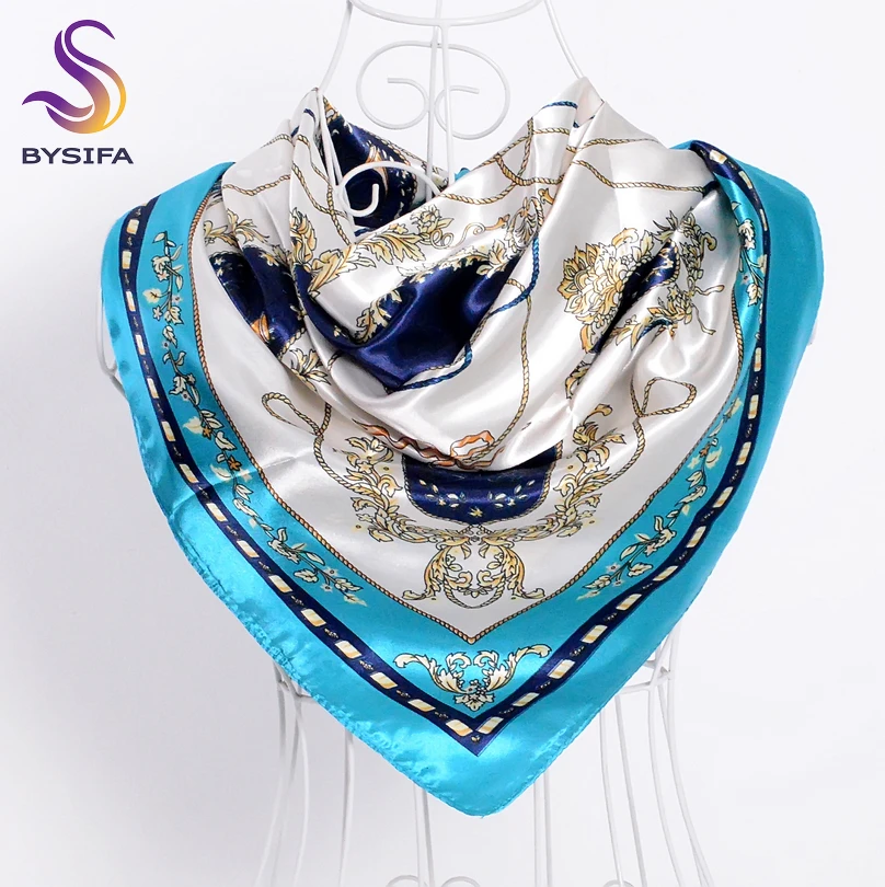 [BYSIFA] Navy Blue Beige Female Satin Silk Scarf Shawl Fashion Accessories Women Chain Flowers Pattern Autumn Winter Scarves