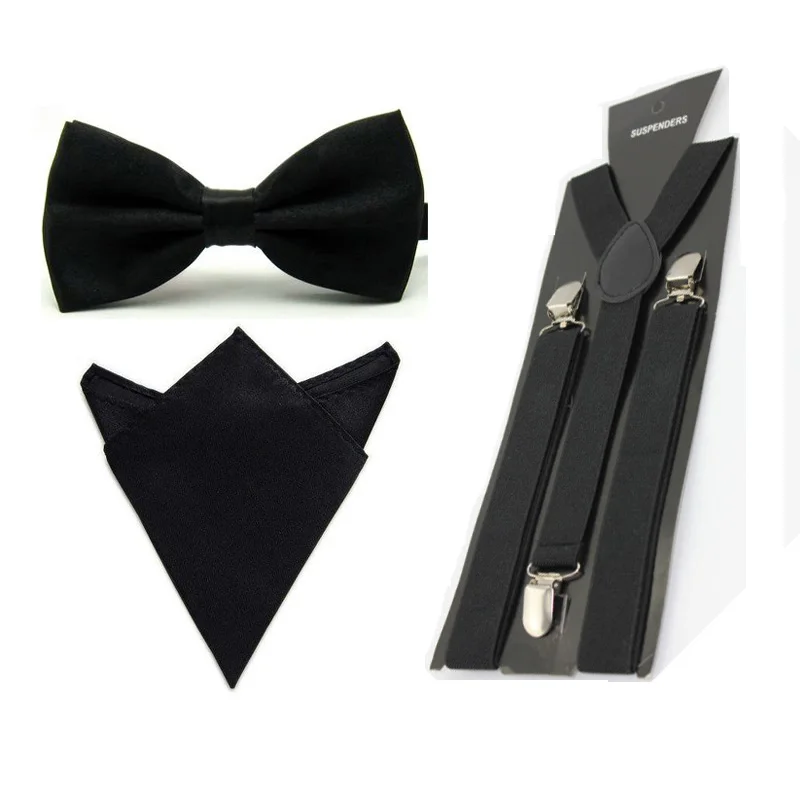 ชายซาติน Bowtie Y-Shape Suspenders ผ้าเช็ดหน้า Pocket Square ชุด BWSET0013