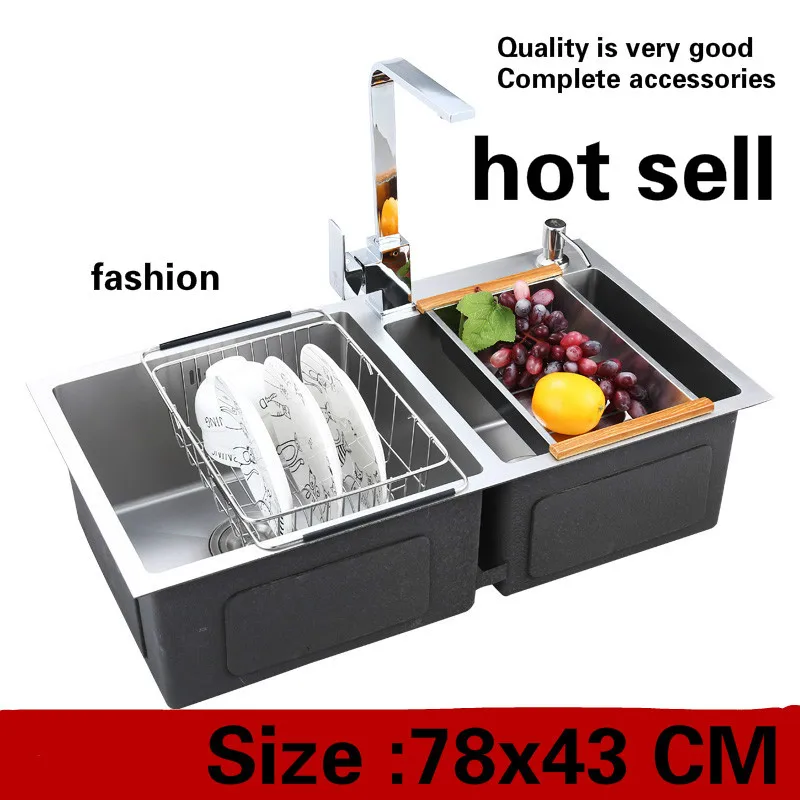 

Free shipping Household kitchen manual sink double groove food grade 304 stainless steel hot sell 78x43 CM