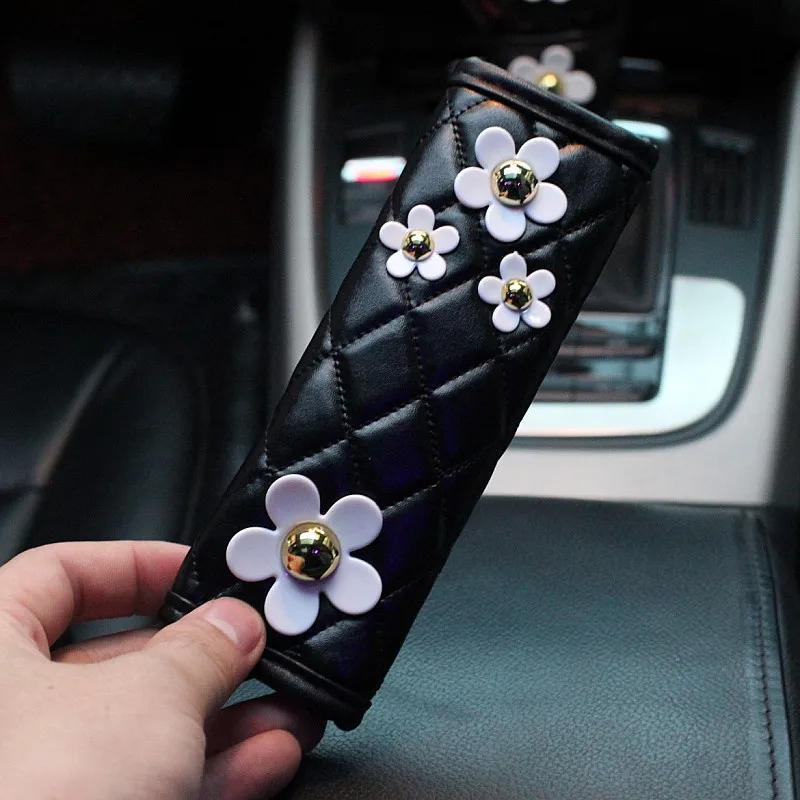 Cute Daisy Flower Auto Interior Leather Steering Wheel Cover Decoration Gear Shifter Hand Brake Case Seat Belt Car Accessories