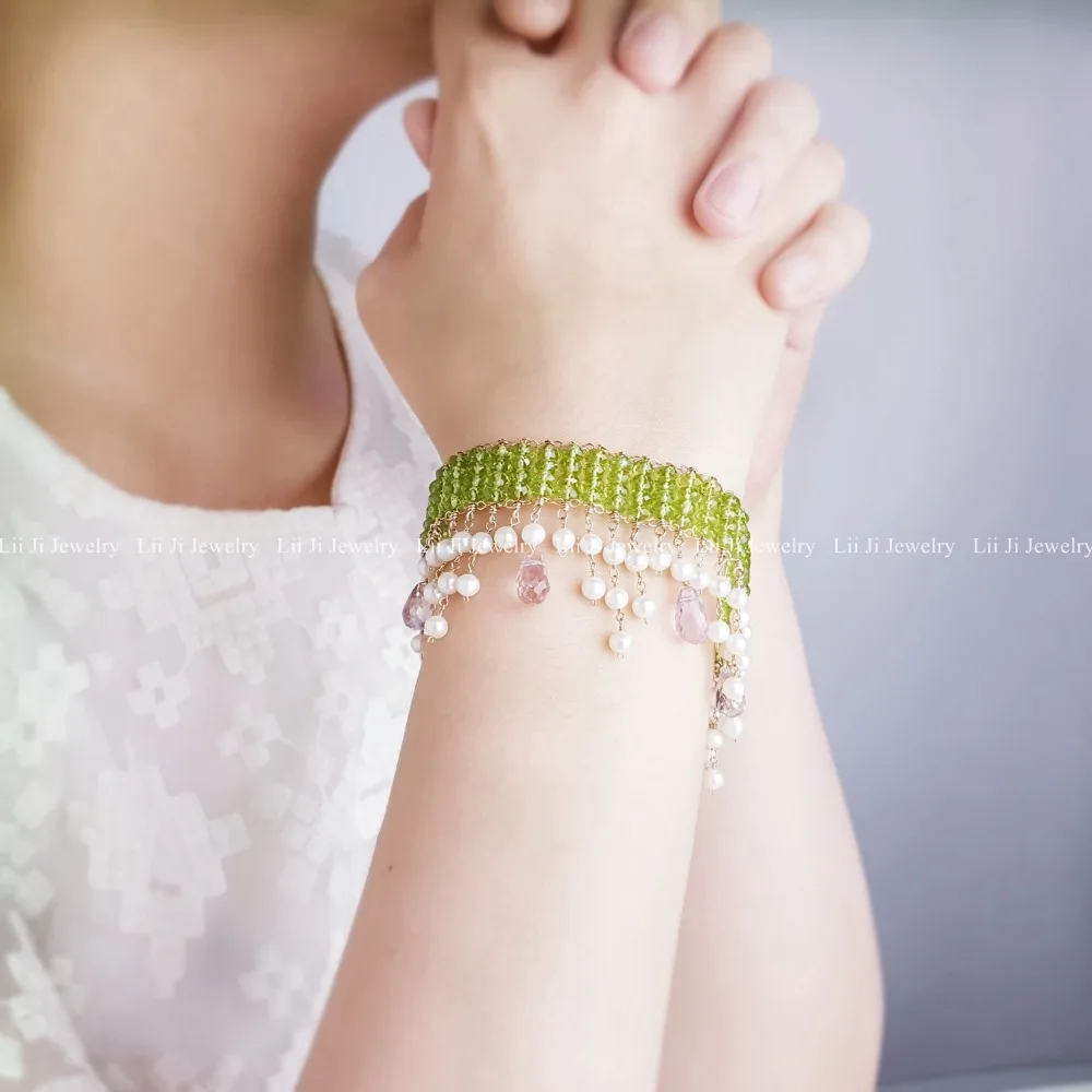 Lii Ji Natural Gemstone Peridot,Light Amethyst,Pearl 9K GF Yellow Gold Tassel Fancy Bracelet