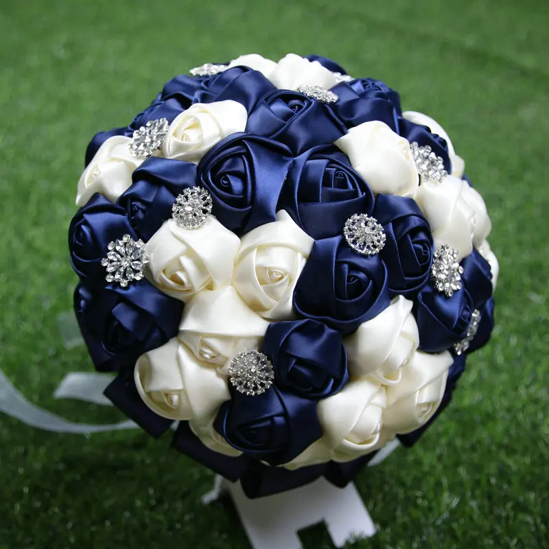 

High Quality cream + navy Wedding Bouquet Bridesmaids Flowers Bling Rhinestone Bridal Flowers Party Home Accessories