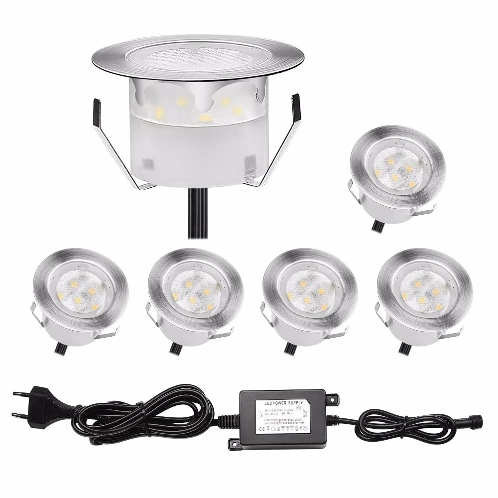 QACA 6 Pack LED Deck Lights Low Voltage DC12V 1W Outdoor Garden Patio Deck Stairs Underground Lights 45mm Landscape Lamps Kits