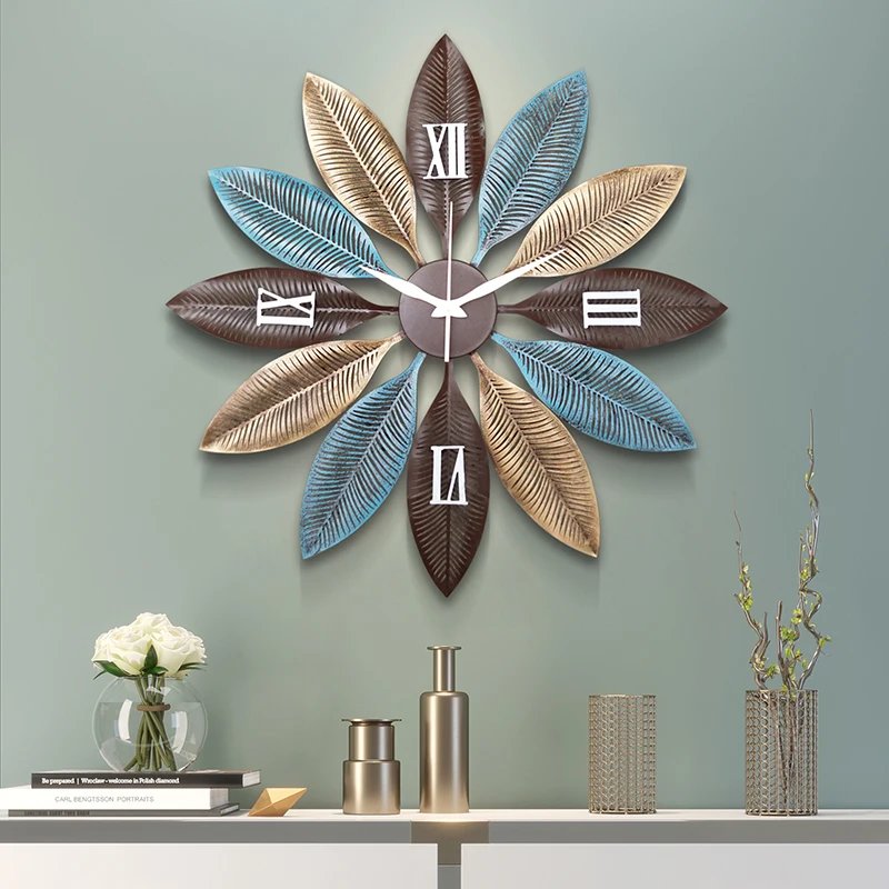 American Wrought Iron 3D Decorative Leaf Wall Clocks Crafts Wall Decoration Home Livingroom Sofa Background Wall Mural Ornaments