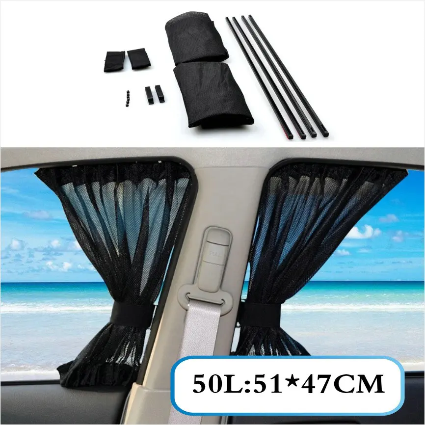 2 x 50L/50S Stretchable Plastic Rail Car Side Window Sunshade Curtain Auto Window Sun Visor With Elastic Cord - Black/Beige/Gray