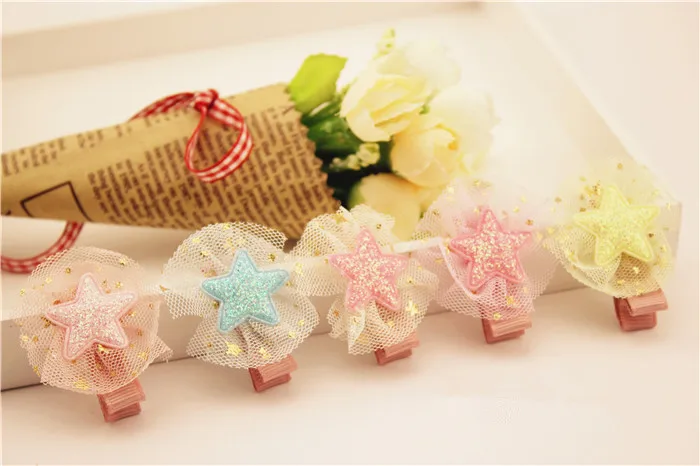 

Boutique 40pcs/5C Fashion Cute Glitter Gauze Star Girls Hairpins Solid Kawaii Candy Color Lace Hair Clips Headwear Accessories