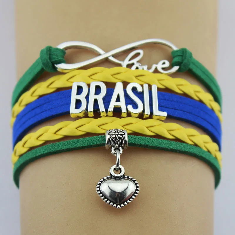 10PC/Lot Infinity love Chile Morocco Brasil Ukraine flag bracelet heart Charm leather wrap bracelets & bangles for women and man