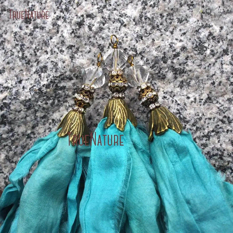 New Turquoises Blue Tassel Jewelry Handcrafted Sari Silk Tassel Antique Bronze Electroplated Accessory Cap  In 6.8 inch PM9119