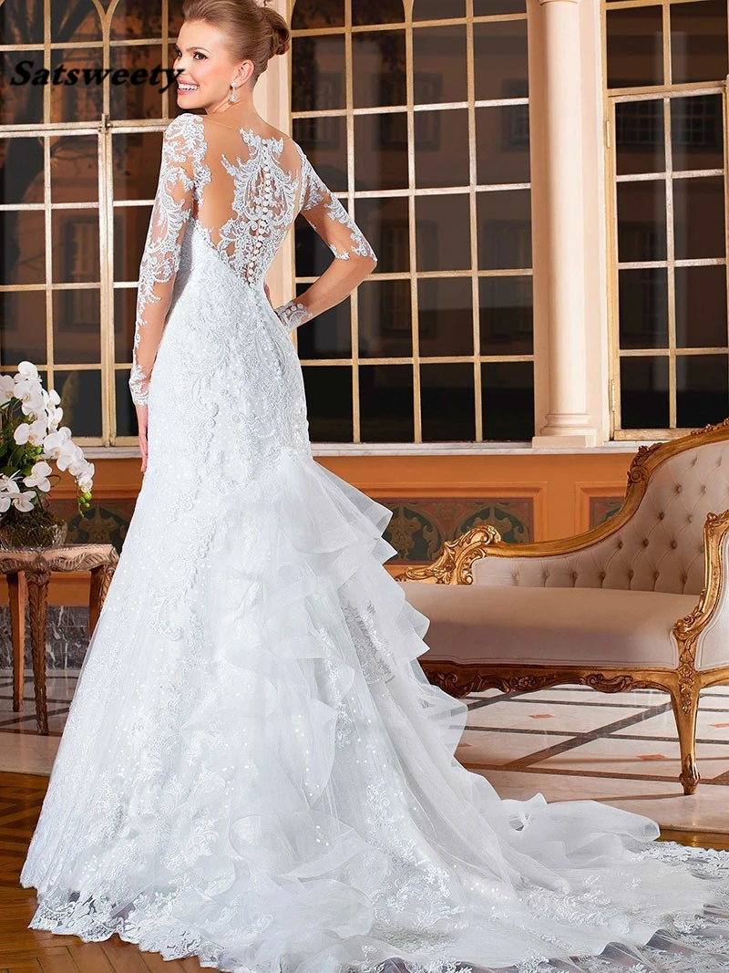 Robe De mariée sirène en dentelle et perles, Sexy, romantique, dos boutonné, manches longues, traîne, 2022