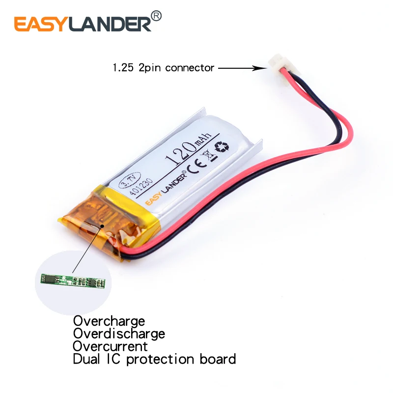 Jst 2, 5 2-poliger 1,25 3,7 V 120mAh wiederauf ladbarer Lithium-Li-Ionen-Polymer-Akku für JBA-Bluetooth-Headset