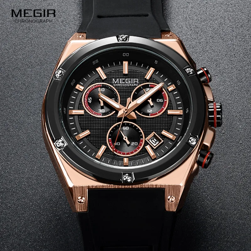 Imagem -04 - Megir Pulseira de Silicone Militar Relógios de Quartzo Homem Chronograph Relógio de Pulso 24 Horas Exibição Esportes do Exército Relógios Ouro Rosa 20731n0