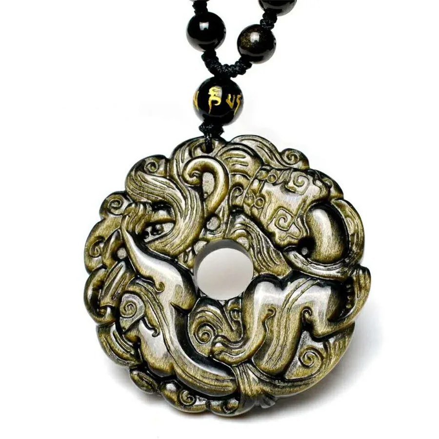 

45mm Natural Gold Obsidian Pendant Necklace For Women Men Beauty Gift Crystal Stone Four Styles PiXiu/Piyao Beads Jewelry AAAAA