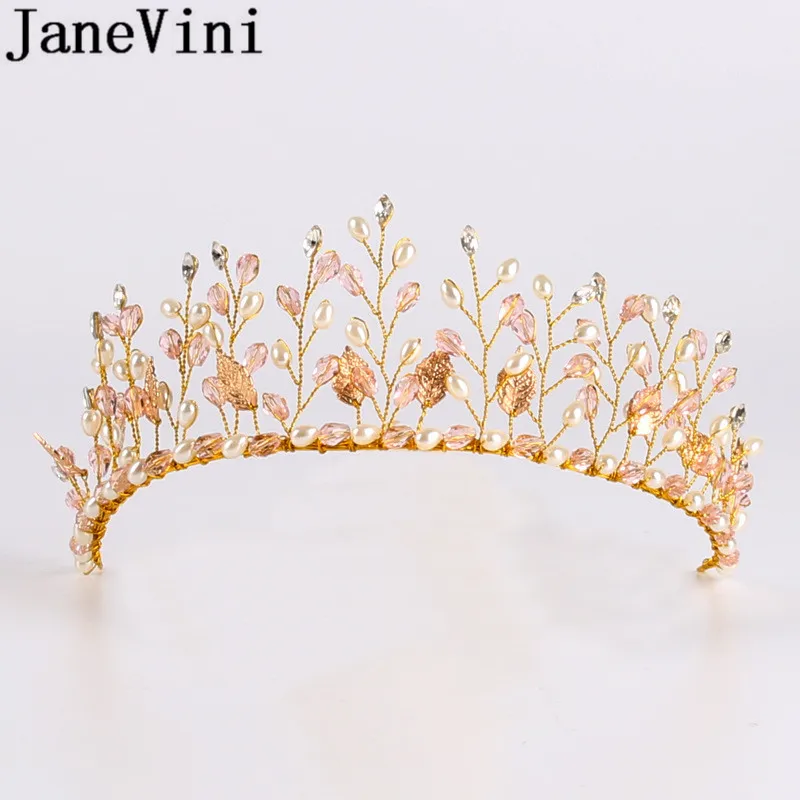 JaneVini Bruid Haar Accessoires Princess Tiara Crown Pink Crystal Gold Metal Pearl Wedding Hair Accessories Bride Party Headwear