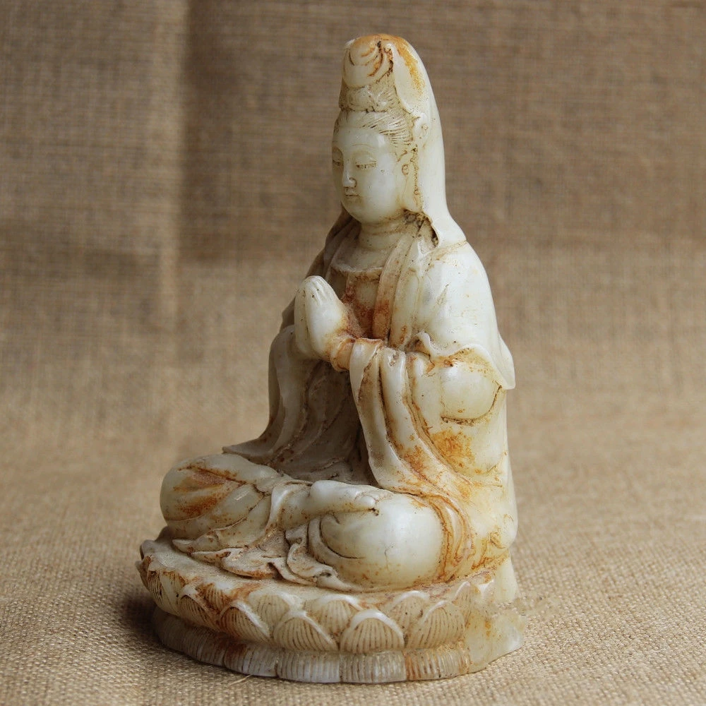 Imagem -03 - Chinês Branco Jade Mão-esculpida Sentado Rezar Lótus Guanyin Kwan-yin Bodhisattva Estátua