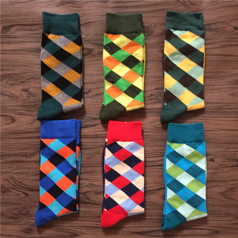 Rhomboid Lattice Vintage Harajuku Contrast Color Men Happy Socks Fashion Funny Hip Hop Street Casual Cotton Socks Autumn Winter