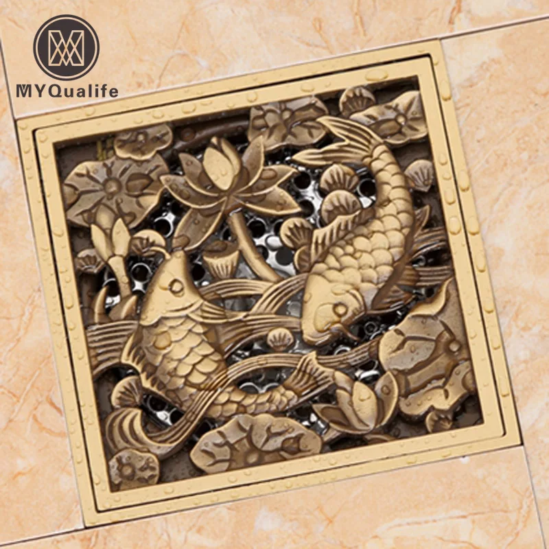 Douche Drains 10*10 cm Vierkante Bad Drains Zeef Haar Antiek Messing Vis Gesneden Badkamer Afvoerputje Afval Rooster afvoer