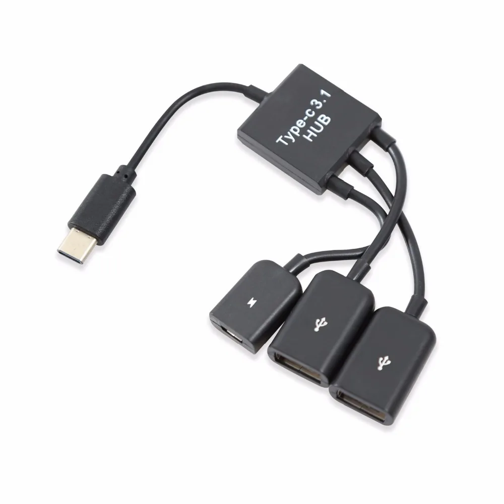 USB 3.1 Type C Male to 2 Dual USB A 2.0 Female + Micro USB Female 3 in 1 OTG HUB