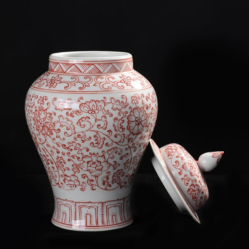 Ceramics Ginger Jar Ming Dynasty Handpainting Handmade AntiqueVase With Underglaze Red Lotus Elegant and Beautiful Treasure