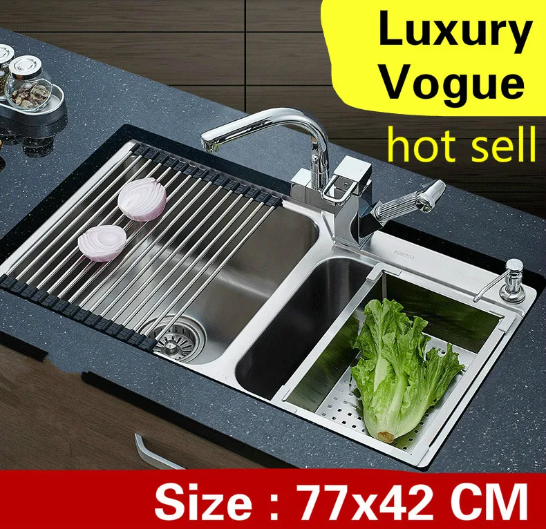 

Free shipping Apartment luxury wash vegetables high quality kitchen double groove sink 304 stainless steel 77x42 CM