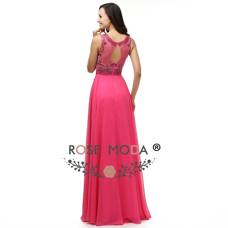 Rose Moda Pha Lê Đính Cườm Nóng Hồng Buổi Tối Ăn Mặc Cao Cổ Không Tay Tầng Chiều Dài Trang Phục Chính Thức Đảng Dress Cut Out Lại 2019