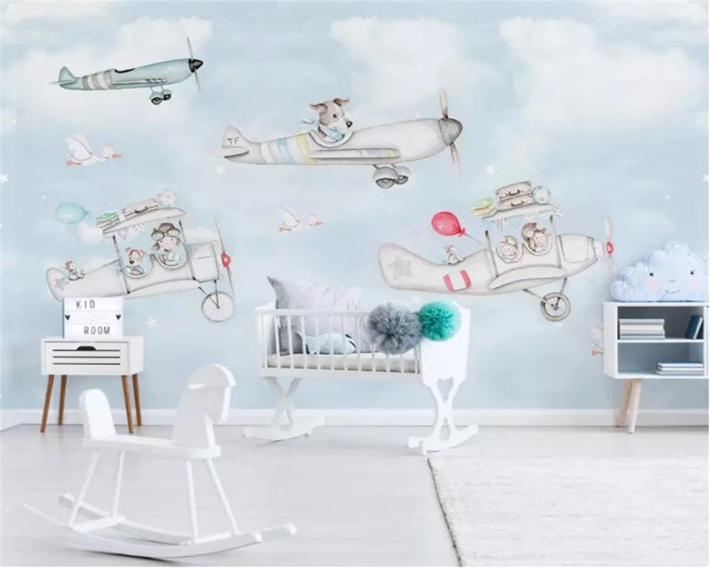 Custom photo wallpaper mural Hand Painted cartoon animal airplane puppy children room background wall 3d wallpaper