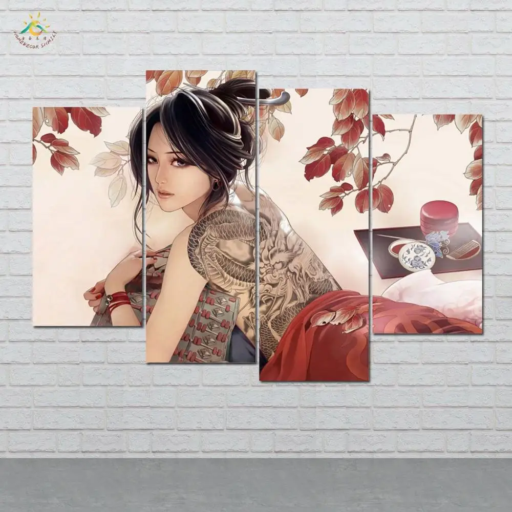 

Japanese Tatoo Dragon Girl Wall Art Canvas Painting Posters and Prints Art Print Decorative Picture Decoration Home 4 Pieces