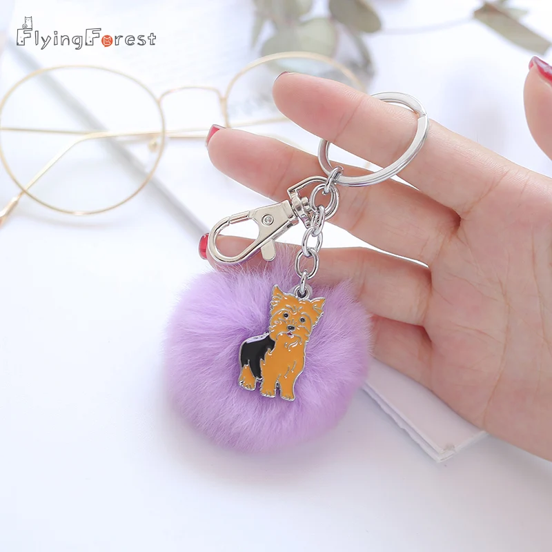 Fashion Key Chain Yorkshire Terrier Lovely Dog Key Ring Pendant Fur Ball POM POM Keychain Charm Bag Pendant Best friend Gift