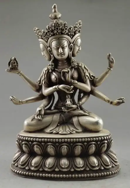 Elaborate Chinese Decorative old Tibetan plating silver Buddha statue with 3 heads six arms