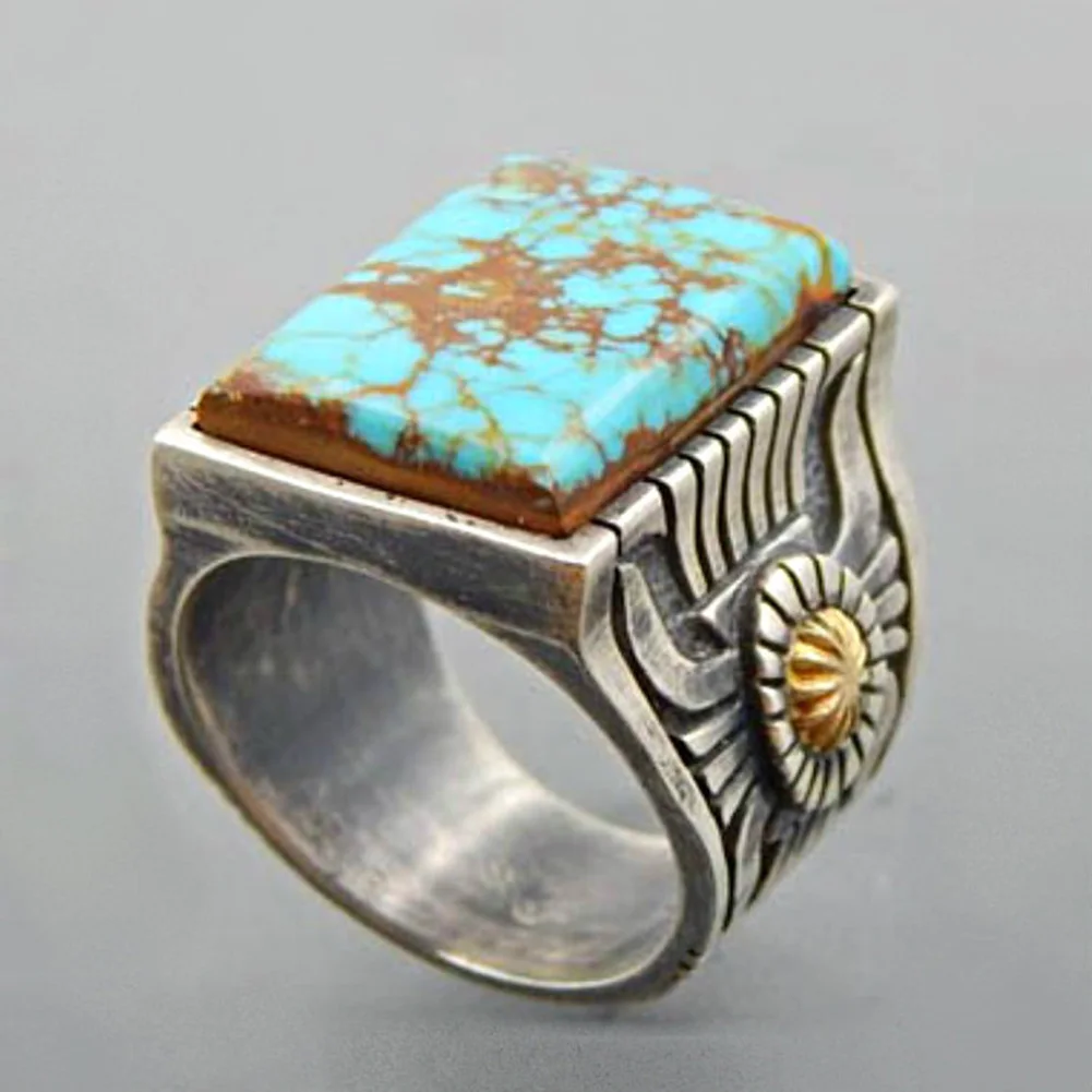 Nepal Retro Simulated Turquoise Inlaid Ring Tibetan Silver Women Open Rings Banquet Jewelry Gift