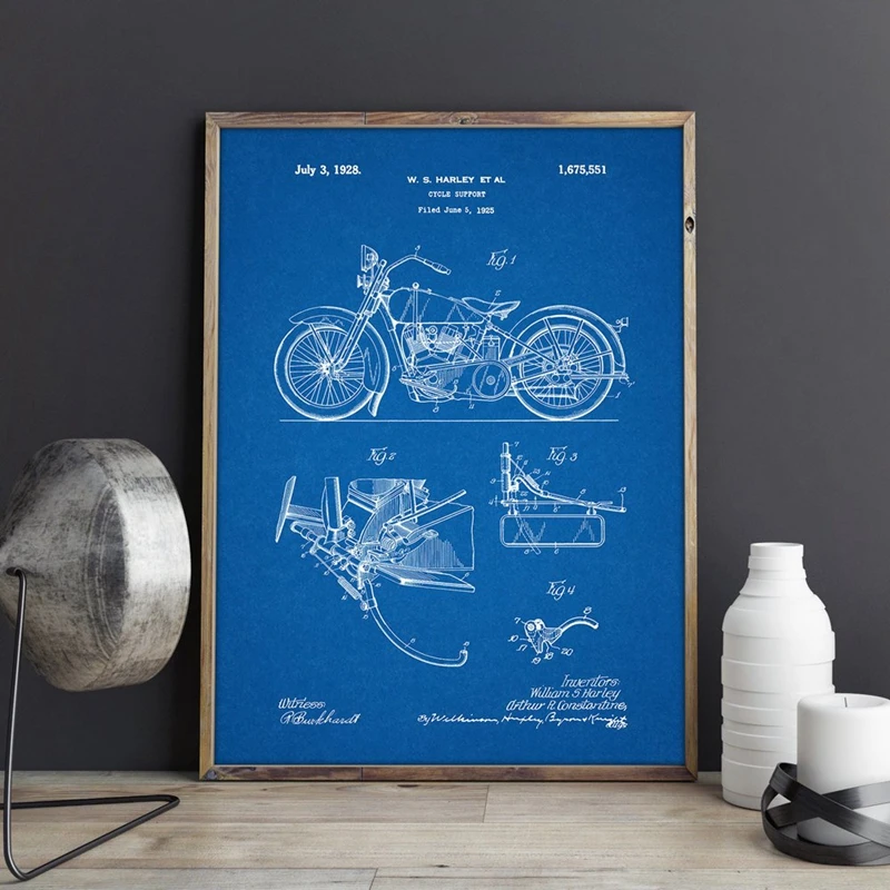 Motorcycle Patent Vintage Blueprint Poster Prints Motorcycle Artwork Science Wall Art Canvas Painting Gift Home Room Decor