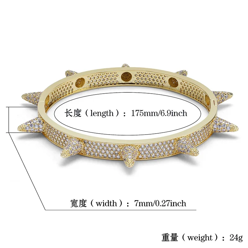 Micro Paved AAA Cubic Zirconia Stone Rivet Spike Open Cuff Bangle Women CZ Bracelet Men Hip Hop Bling Iced Out Rapper Jewelry