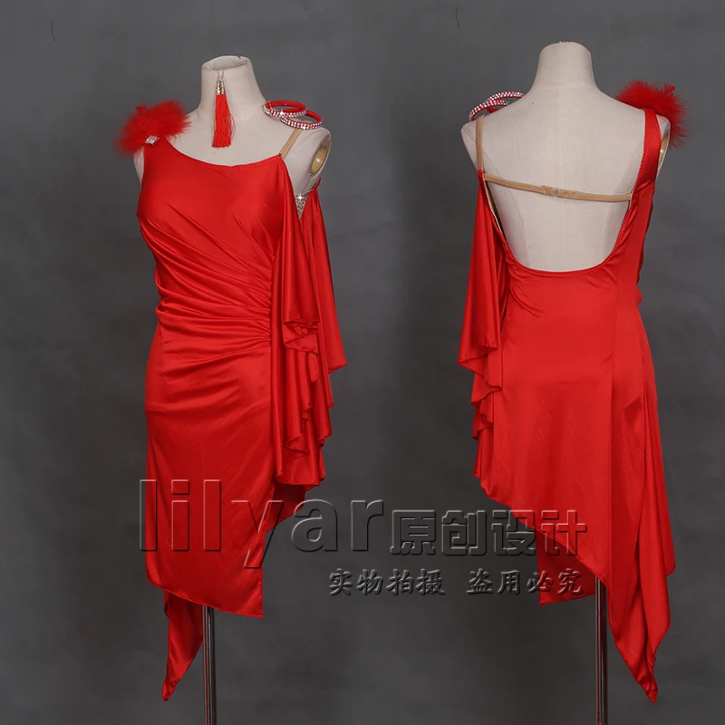

New Latin Dance Costume Competition Costume Latin Dance Skirt Red Sloping Shoulder Rumba Dance Skirt