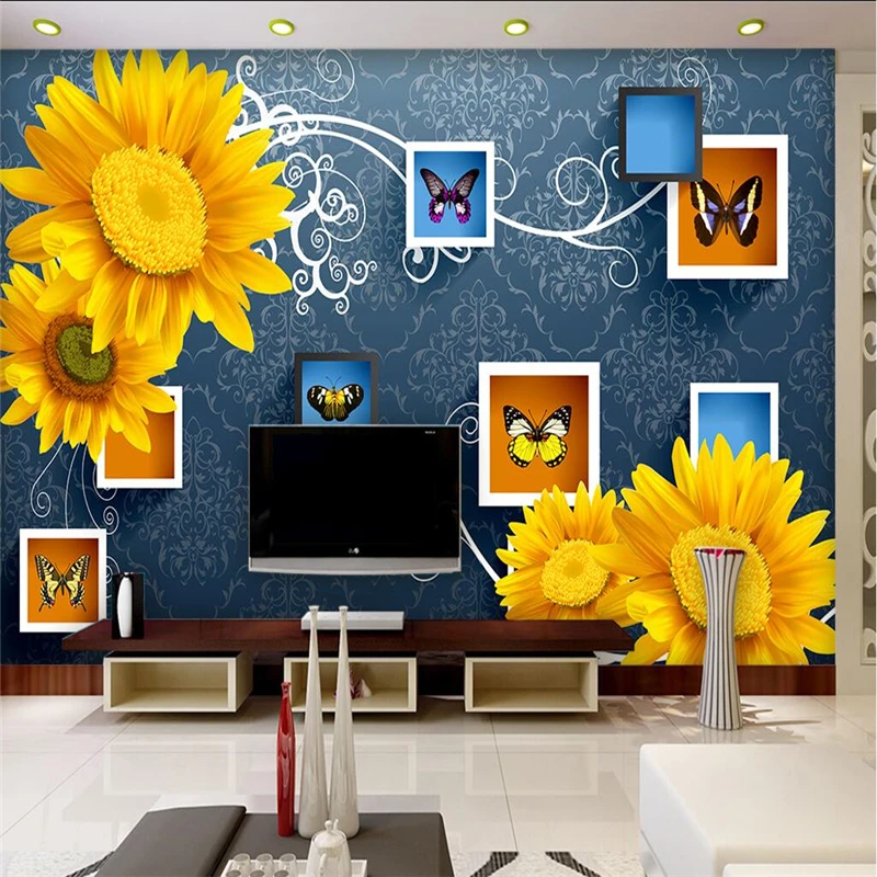 

beibehang Custom Photo Mural Wallpaper 3D European Style Hand painted Sunflower TV Wall papel de parede wallpaper for walls 3 d