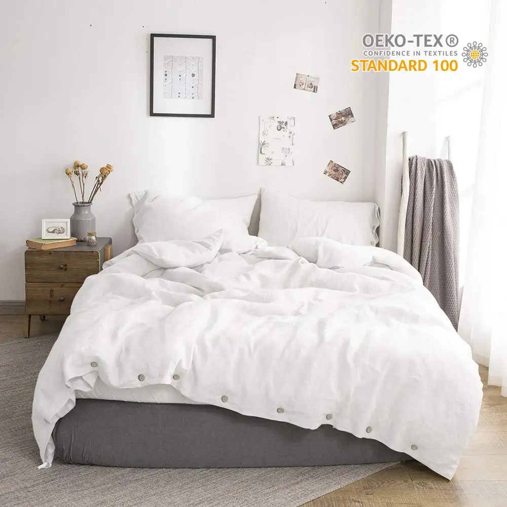 SIMPLEOPULENCE 100% Linen Duvet Cover Set Coconut Buttons 3pcs with 1 Duvet Cover 2 Pillowcases