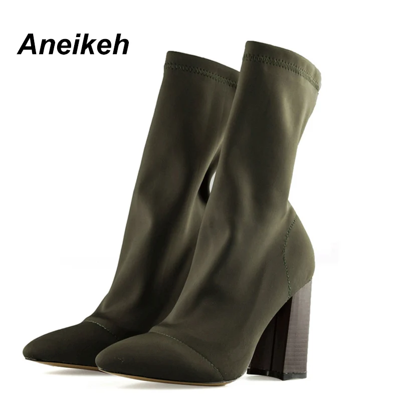 Aneikeh 2024 Spring/Autumn Elegant Stretch Fabric Socks Boots Women\'s Pointed Thick Heel Sewing Ankle Boots Party Club Zapatos