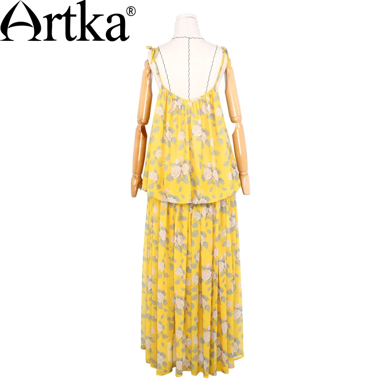 ARTKA Women\'s New Summer Vintage Print Sleeveless Off the Shoulder Strapless Floor-Length Chiffon Dress LA15068X