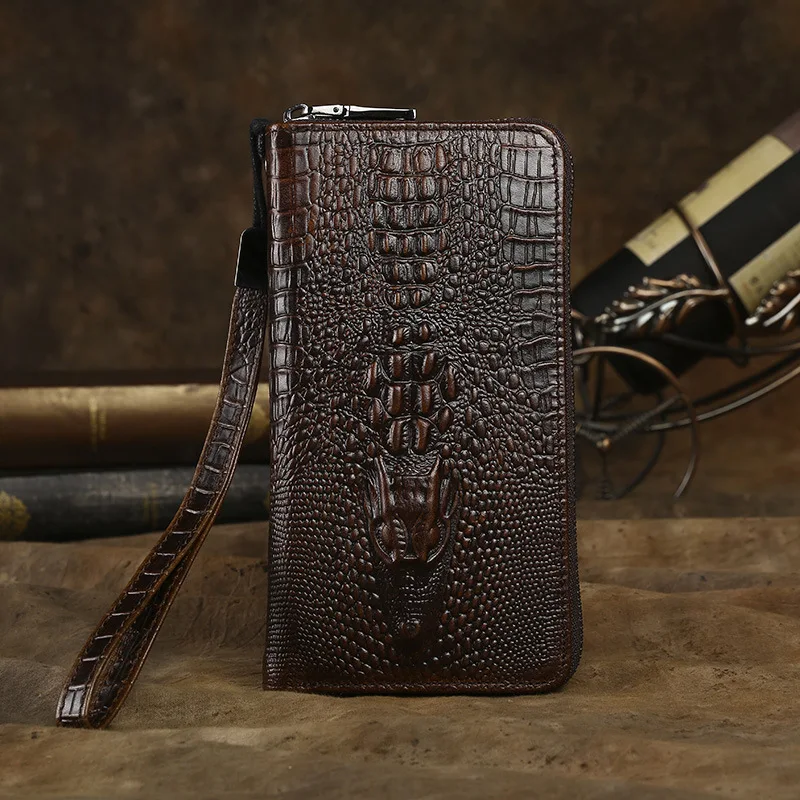 SUB 8 Crocodile Grain Zipper Pocket Men Vintage Wallets 100% Oil Wax Genuine Leather Wallet Fashion Purse Card Holder Coin Purse