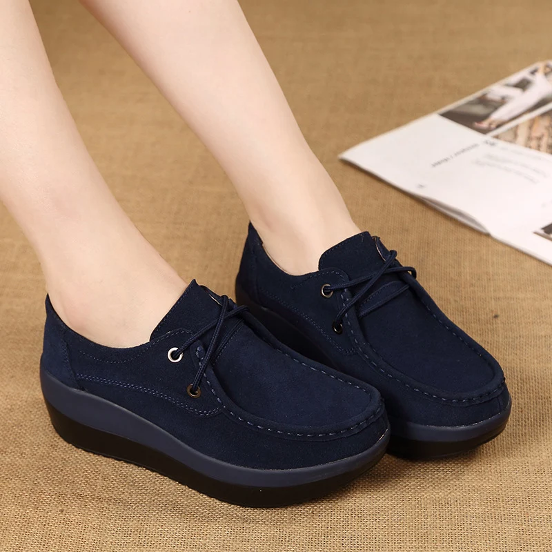 New Spring Autumn Shoes Woman Cow Suede Leather Flat Platform Women Shoes Lace-Up Women\'s Loafers Thick Sole Female Sneakers