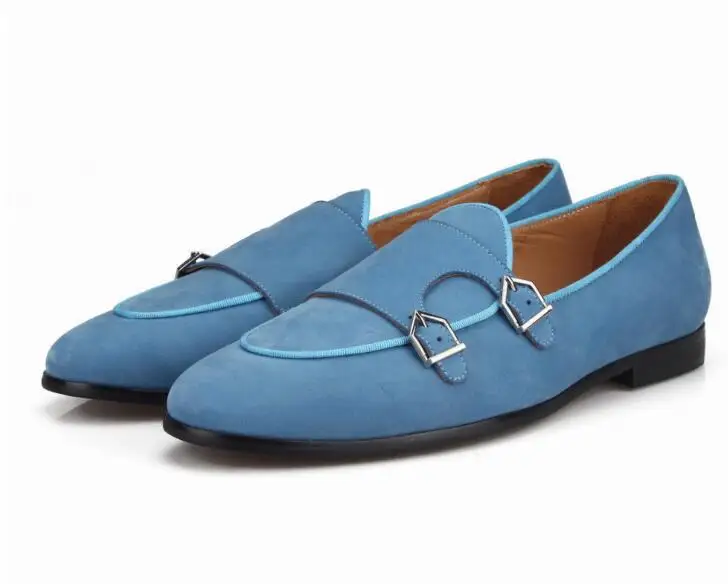 Fashion Blue Suede Men Loafers Men\'s Moccasins Casual Shoes Flats Dress Shoes Double Buckles Wedding Shoes Large Size