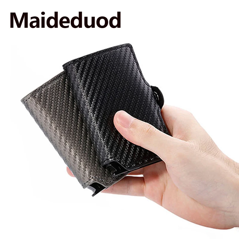 

RFID 2019 Fashion Men's Carbon Fiber Leather Credit Card Holder Automatic Aluminum Metal Cardholder Male Wallet Slim Case Purse