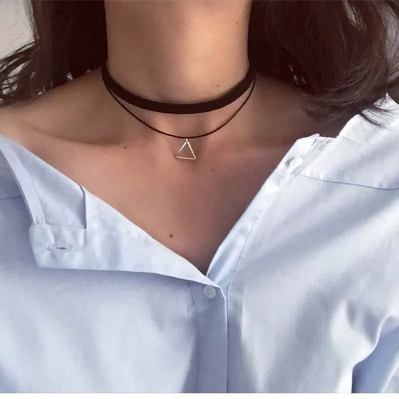 New Gothic Punk Harajuku Black Velvet Suede Lace Crystal Triangle Circle Choker Neck For Women Jewelry Multilayers Collier