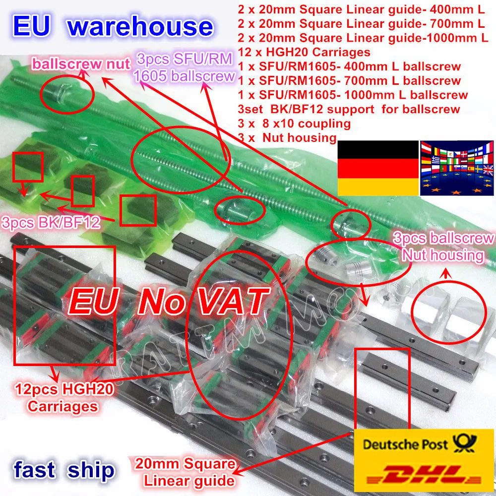 3 sets Square Linear guide sets 400/700/1000mm & 3pcs Ballscrew SFU1605 400/700/1000mm with Nut & 3set BK/B12 & Coupling CNC Kit