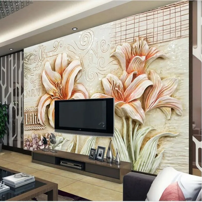 wellyu Custom large - scale murals three - dimensional relief murals lily open TV backdrop wallpaper papel de parede