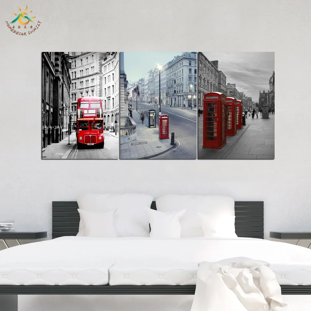 Modern Wall Art Prints Canvas Art Painting Modular Picture Vintag Poster Red Bus & Telephone Booth Canvas Painting 3 PIECES