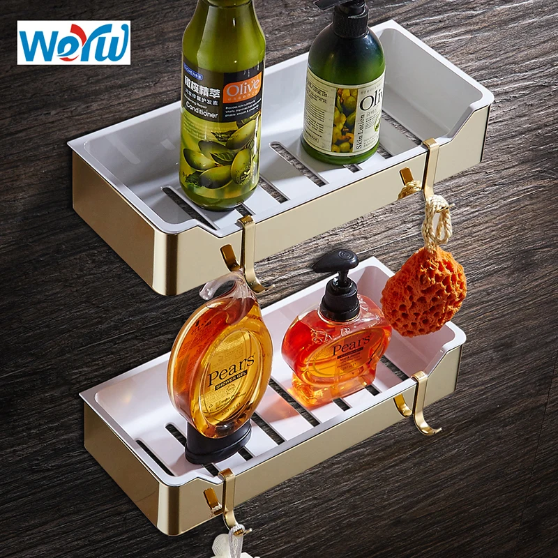 WEYUU Gold Stainless Steel+ABS Plastic Shampoo Soap Cosmetic Storage Organization Wall Mount  Bathroom Shelves