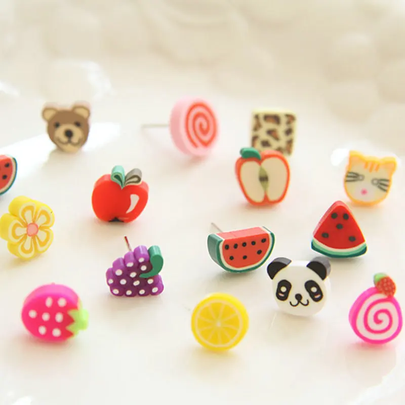 144pcs/ 72pairs Girl's Children Lovely Food fruits kawaii anime  Earrings Handmade Polymer Clay Stud Earrings w/ Gift box