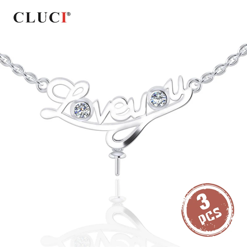 

CLUCI 3pcs Silver 925 Zircon Love Letter Pendant Necklace Jewelry 925 Sterling Silver Pearl Mounting Valentine Day Gift SN051SB