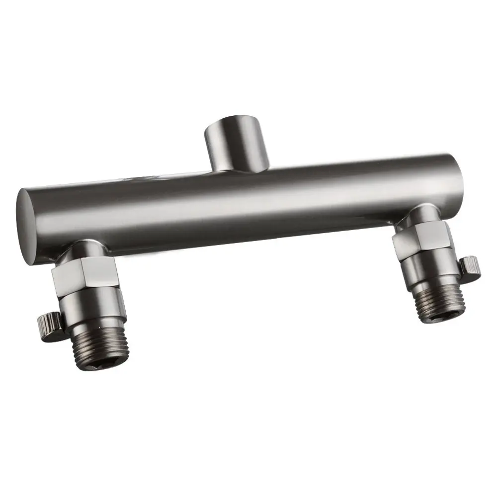 Bathroom Brushed Nickel Brass Shower Head Double Outlet Manifold with Shut Off Valves for Dual shower Sprayer Showering System