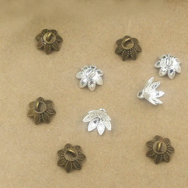 

9mm Bell Bead End Caps Flower Charms with Loop 7 Filigree Prong Legs Multi-color Plated Brass Metal