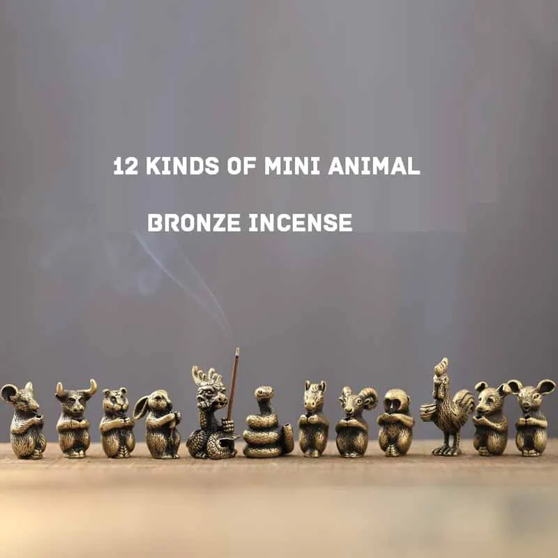 Mini Size Brass Bronze Copper Chinese 12 Zodiac Animals Figurines Incense Stick Holder Office Desk Decorative